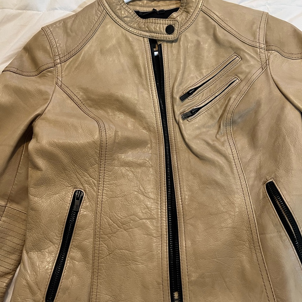 Tan Leather Jacket with Black Accents - Picture 2 of 5
